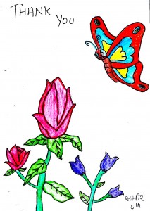 Colourful artwork by a child of pink and purple flowers and a butterfly. Words read 'thank you'